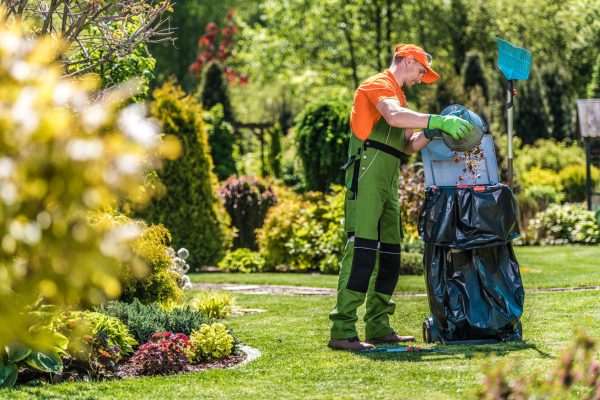 Summer Time Garden Maintenance. Caucasian Pro Gardener Cleaning Huge Backyard From Leaves and Grasses.